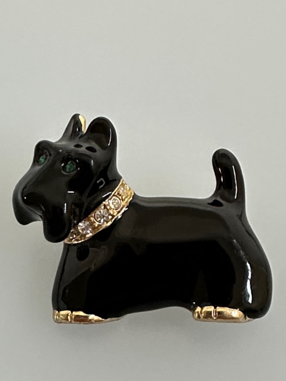 Kirks Folly Black Scottie Dog Pin with Gold Accents and Green Eyes